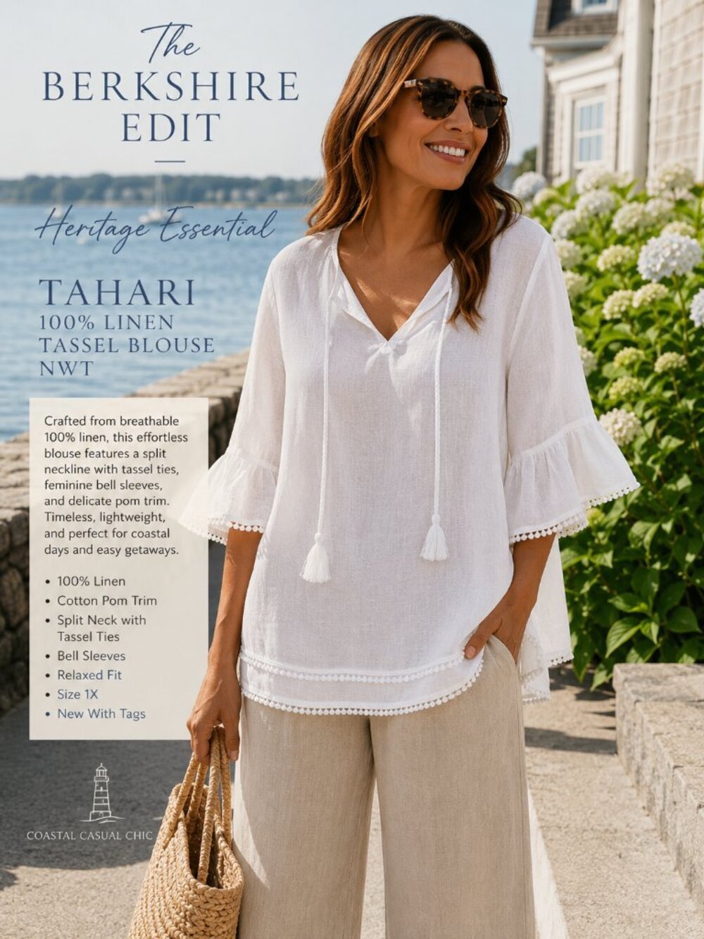 Tahari White 100% Linen Tassel Boho Blouse Bell Sleeve NWT Plus 1X